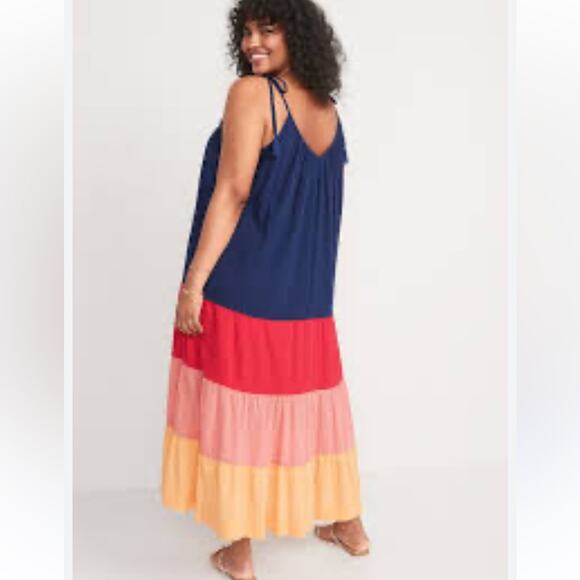 Sleeveless Tasseled Colorblock Maxi Swing Dress XL Tiered Vacation Resortwear - Picture 1 of 5